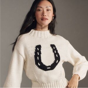 NWT RARE Anthropologie Pippa Mock Neck Icon Horse Sweater Crop Bubble Sleeve - M